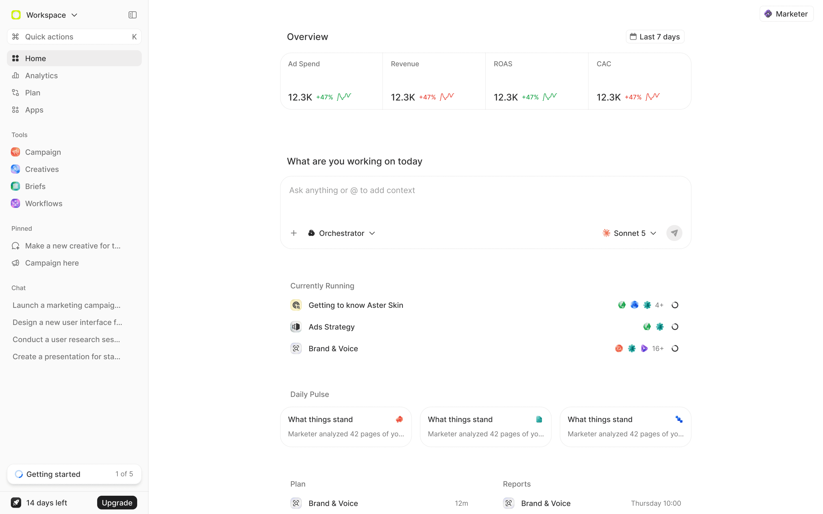 The Marketer app — overview metrics, prompt box and running agents
