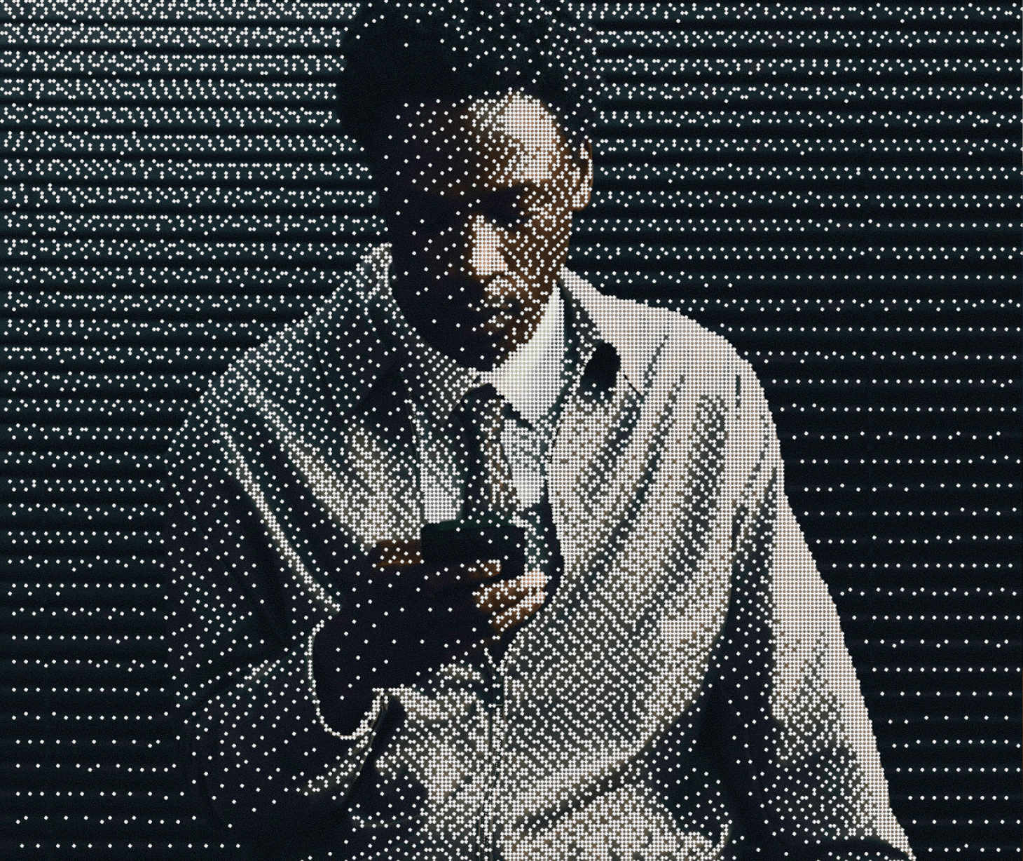 Pixelated man holding phone