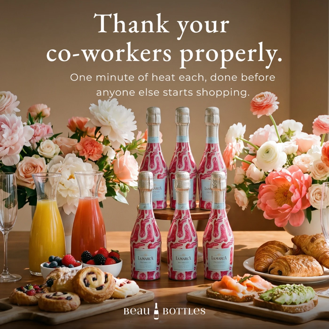 Colourful wrapped Beau Bottles gifts arranged on a celebration table