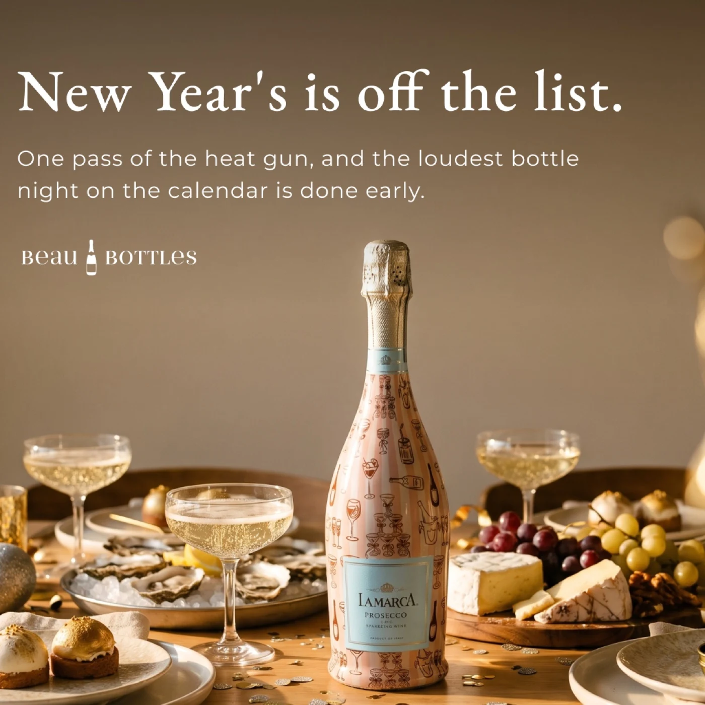 Beau Bottles champagne gift on a New Year celebration table
