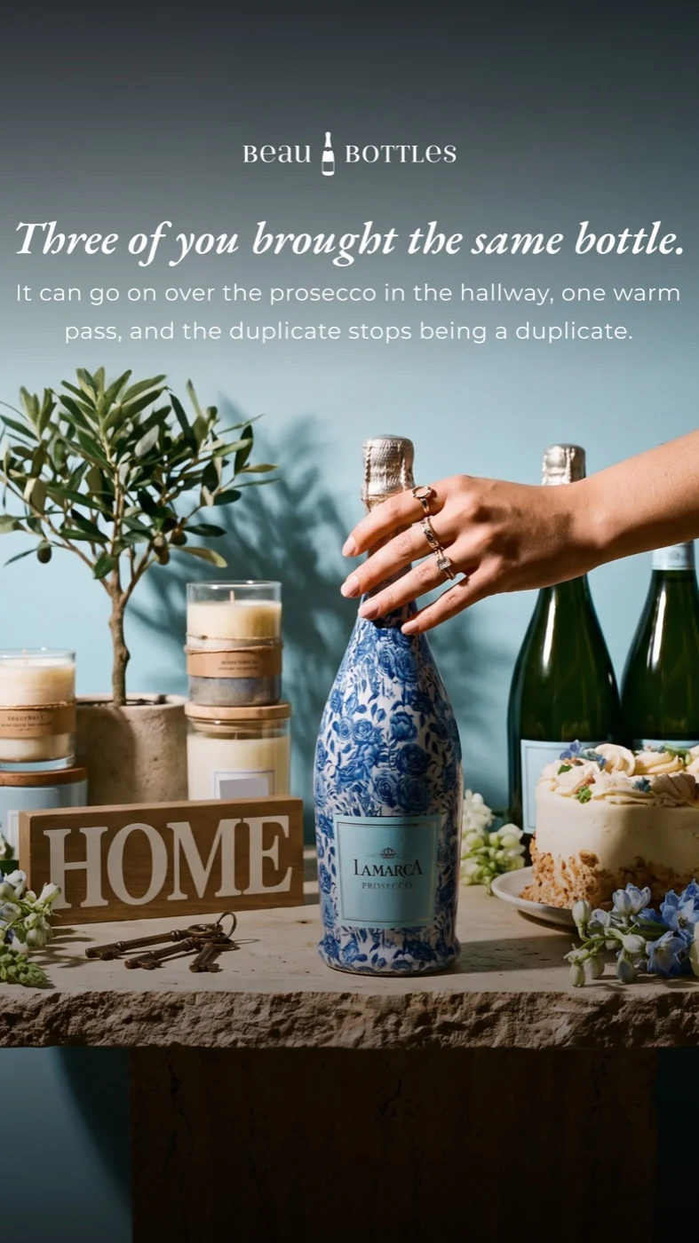 Wrapped champagne bottle in a Beau Bottles housewarming-gift creative