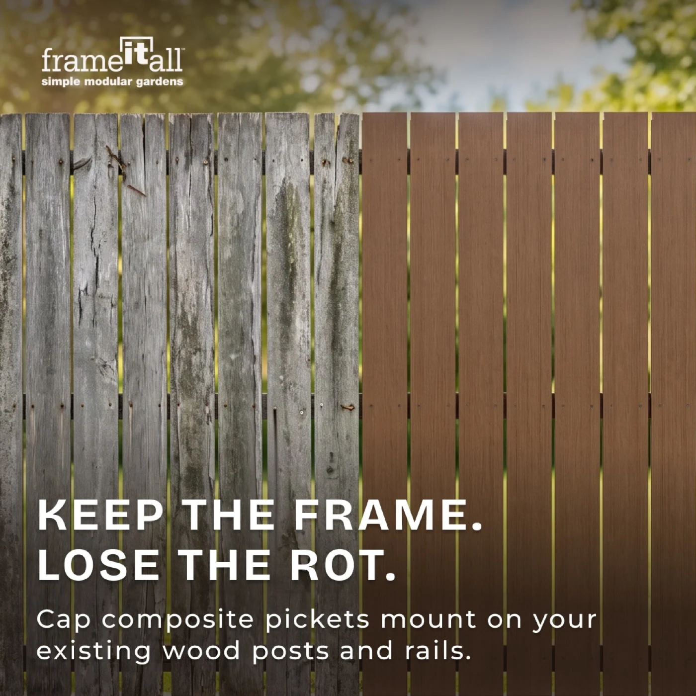 Frame It All creative contrasting weathered wooden and composite fence pickets
