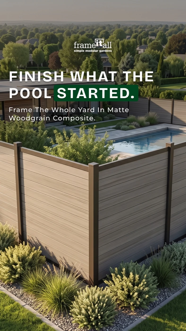 A garden and pool enclosed by Frame It All composite fencing.