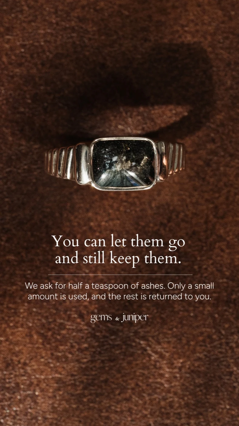 Vertical Gems & Juniper memorial-ring creative on a brown background
