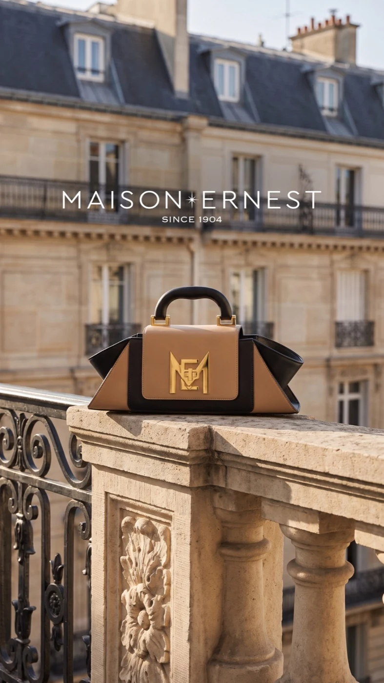 Maison Ernest handbag displayed on a Parisian balcony.