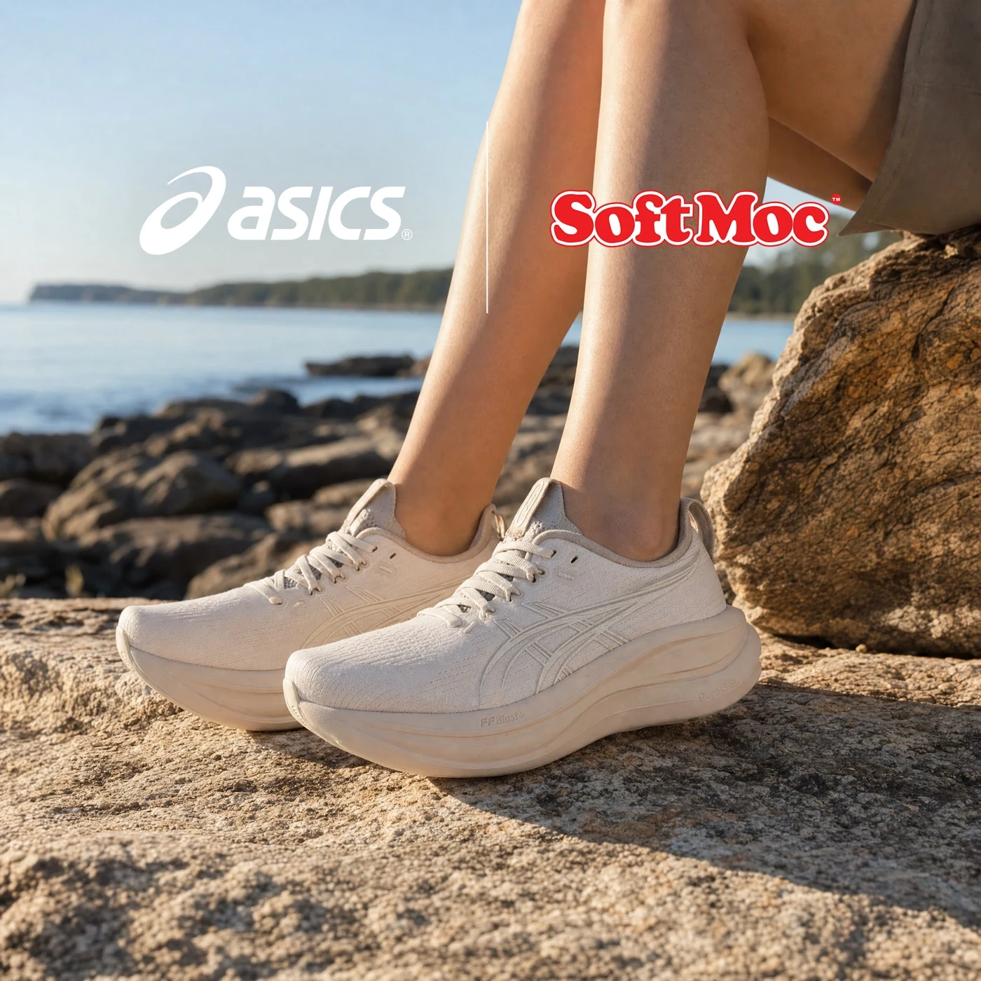 Cream Asics running shoes on a coastal path in a SoftMoc creative