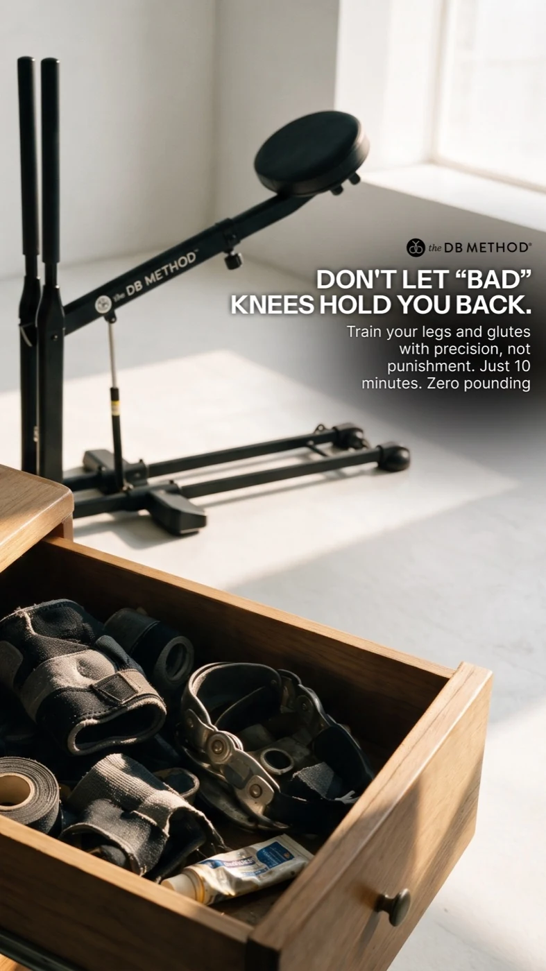 The DB Method squat machine in a softly lit room, with exercise accessories and the original customer copy.