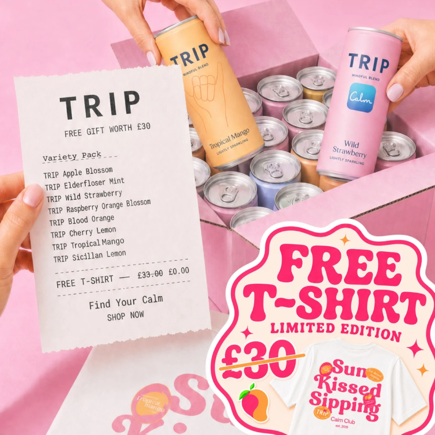 Square TRIP campaign creative with cans, bottles and a printed promotional receipt.