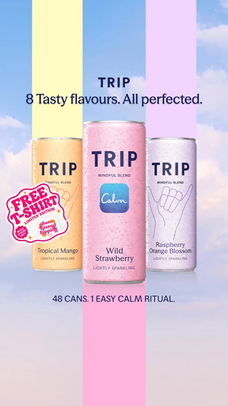 Vertical TRIP story creative with pastel cans on blue, pink and yellow stripes.