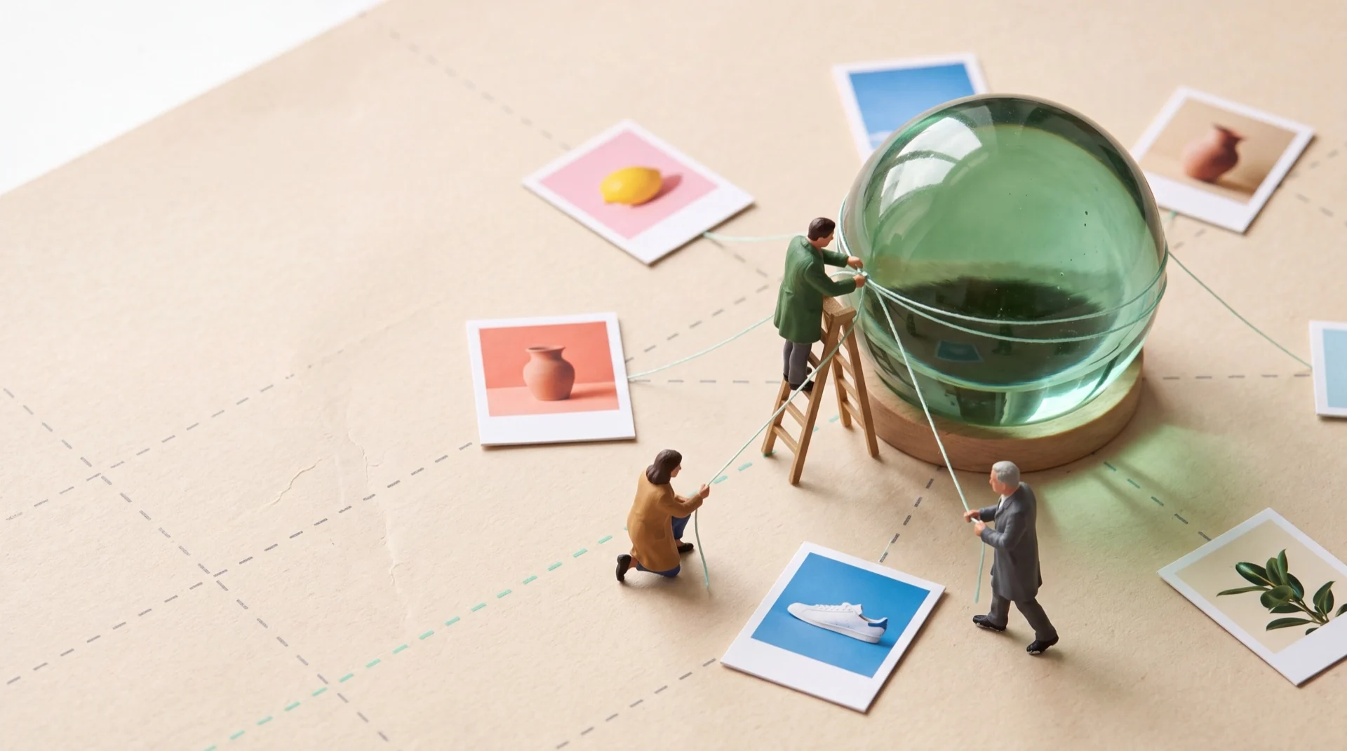 Miniature figures working together to connect product images around a green glass sphere