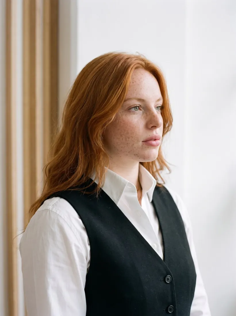 A woman in a white shirt and black waistcoat beside an office window.