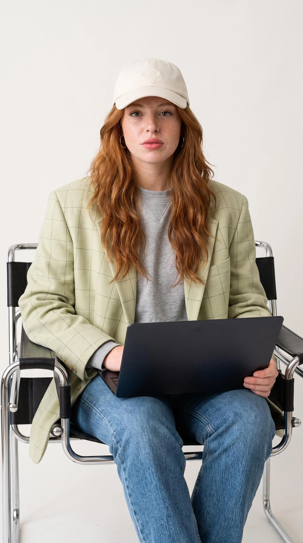 A woman in a cap and checked blazer working on a laptop in a Wassily chair.