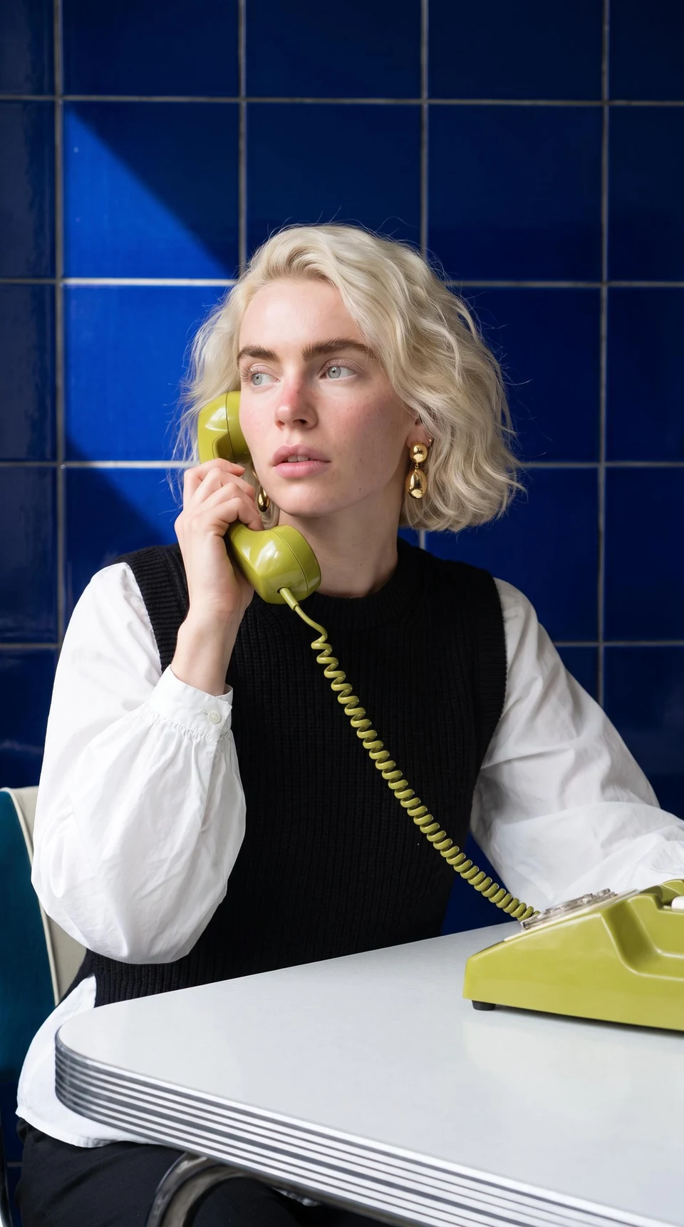 A woman holding a green telephone against deep blue tiles.