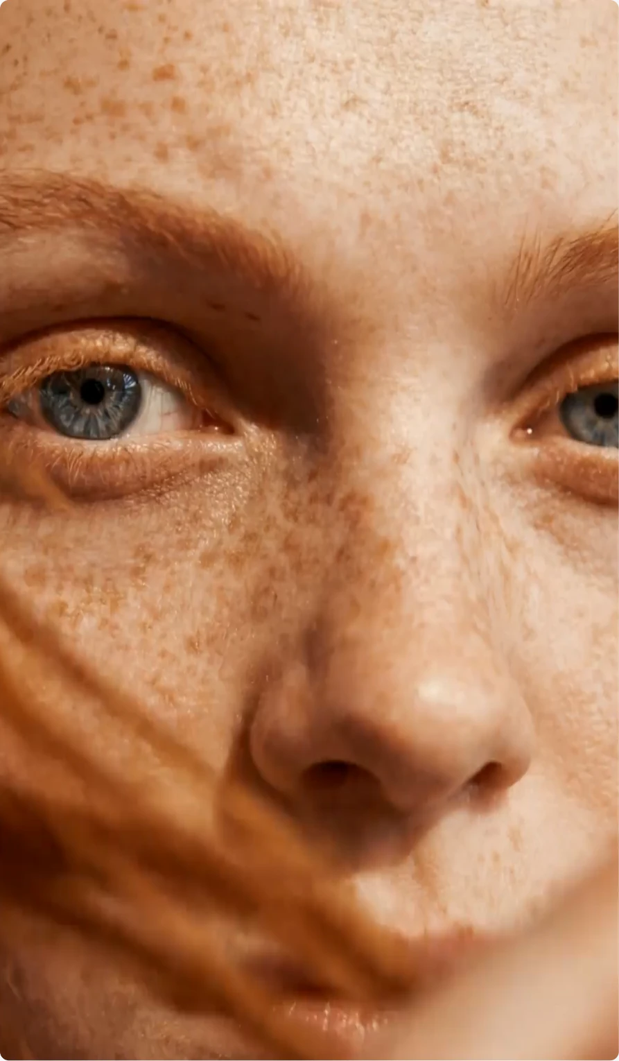 Tight beauty portrait showing freckled skin and blue eyes.