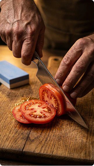 Hands slicing a tomato on a wooden cutting board.