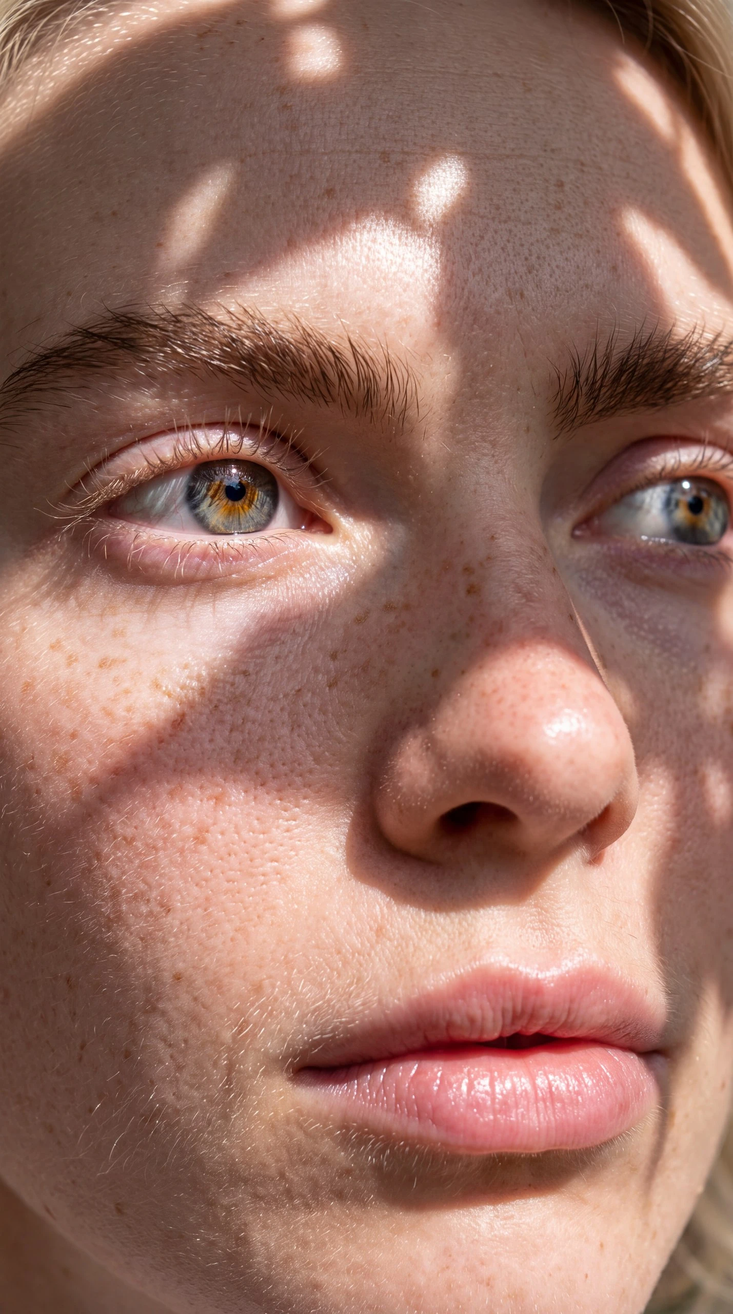 Close-up portrait in patterned sunlight.