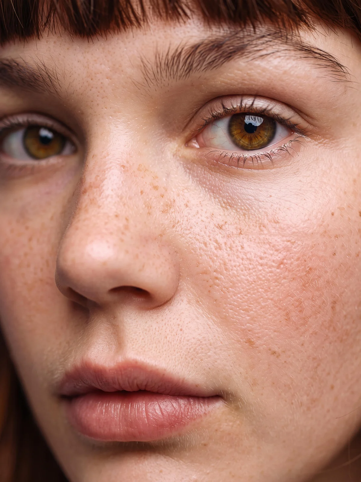 Close beauty portrait showing freckled skin and brown eyes.