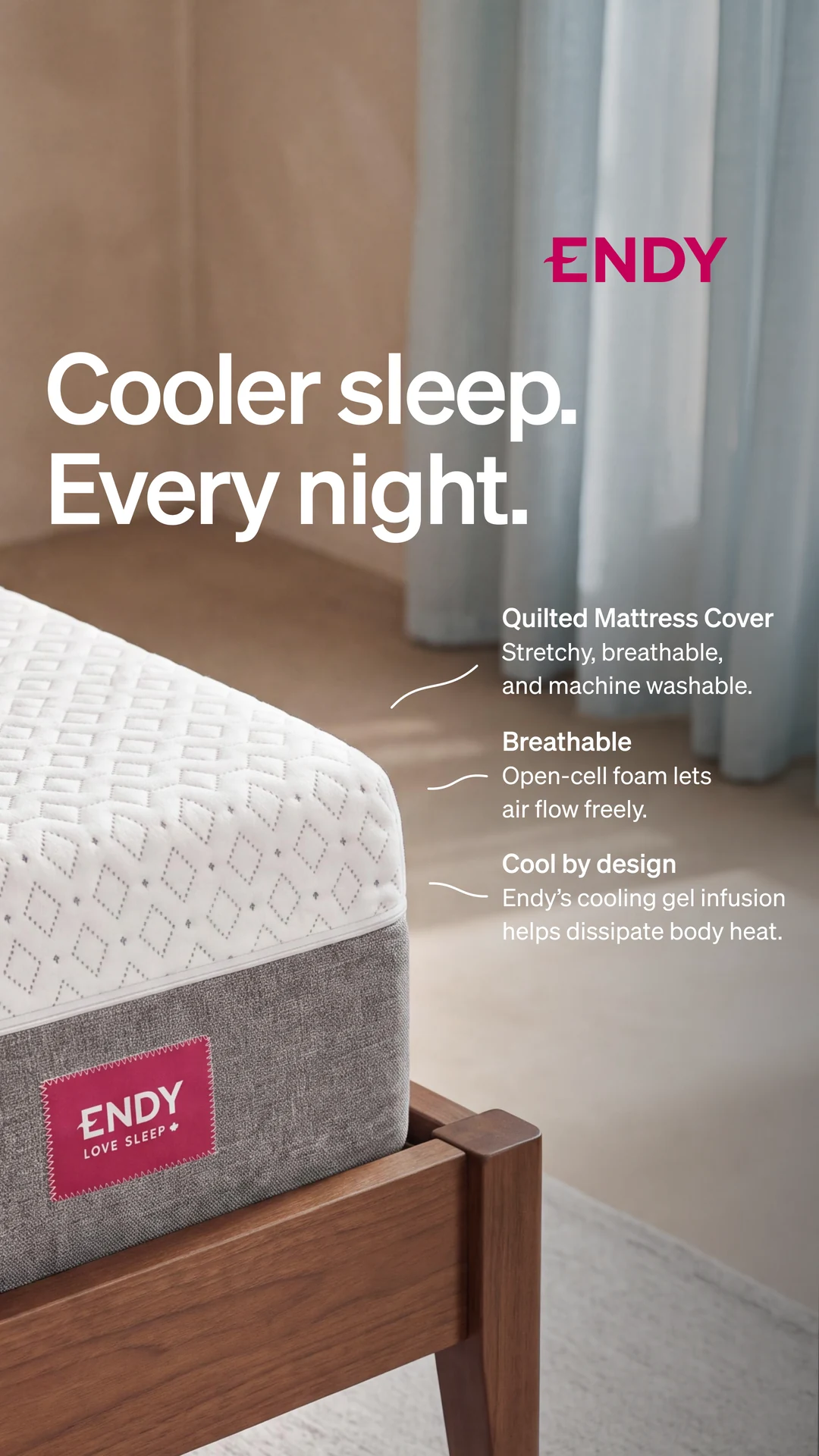 An Endy mattress in a softly lit bedroom with cooling-feature annotations.