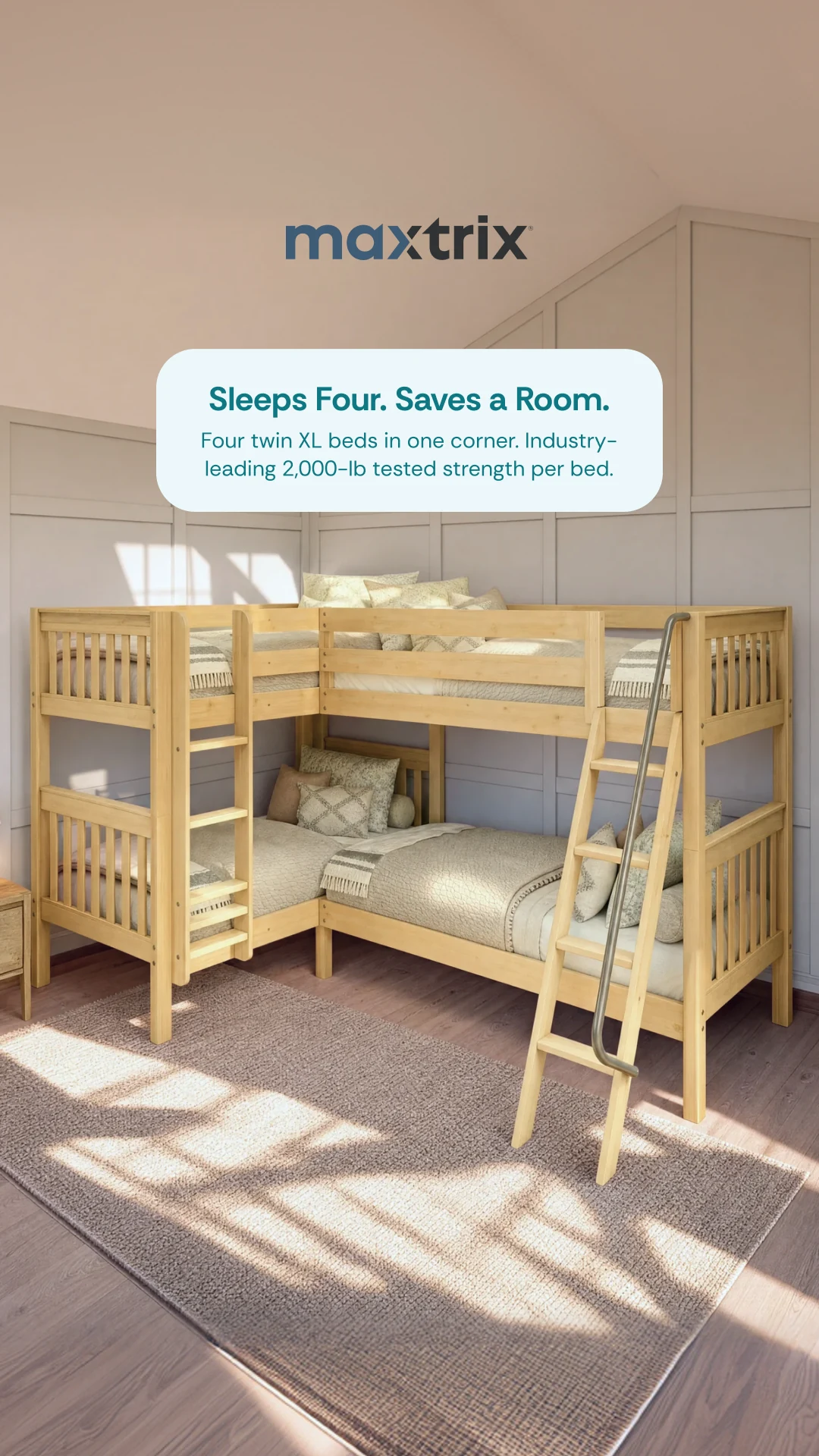 Maxtrix Kids corner bunk bed in a softly lit family bedroom.
